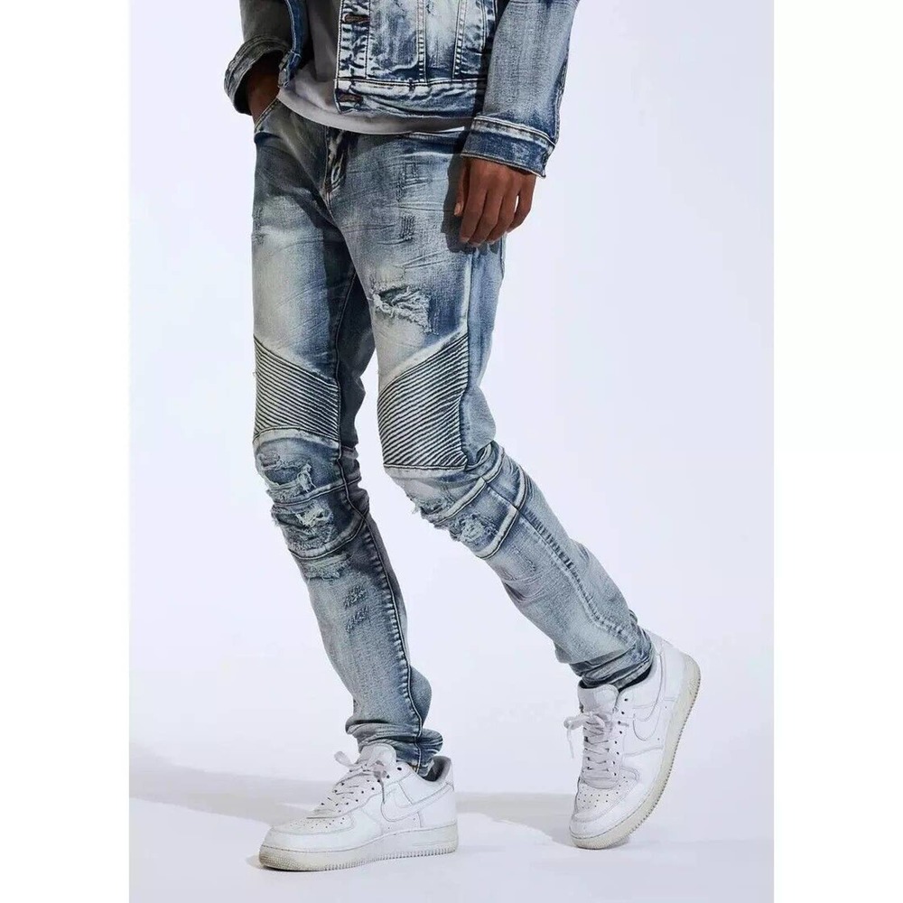 Crysp Denim Men's Skywalker Moto Distressed Rips Skinny Fit Stretch Denim Jeans